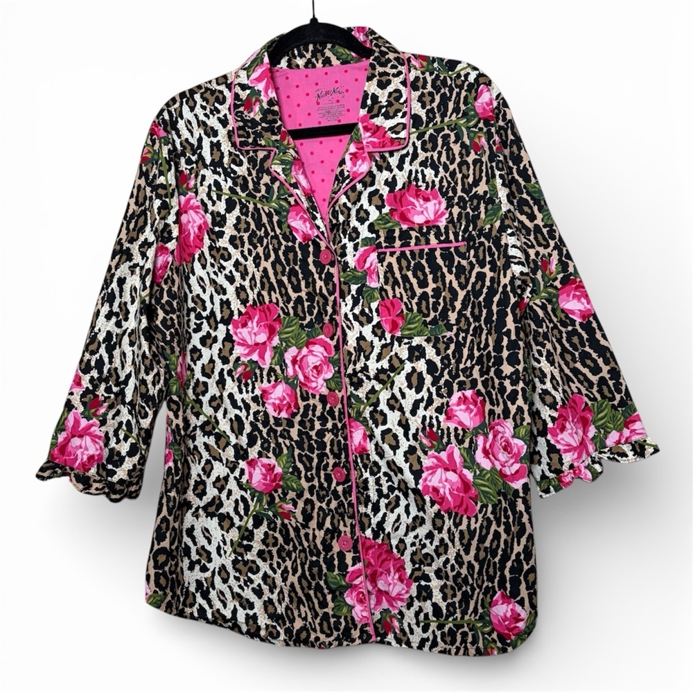 Nick & Nora Jungle Love Leopard Print & Rose Button Down Pajama Top XXL